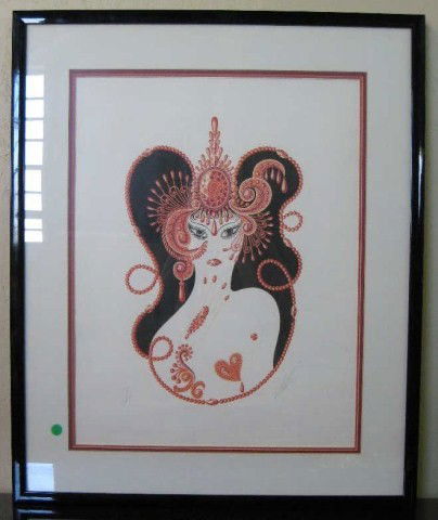 ERTE (FRENCH/RUSSIAN, 1892-1990): Print of a woman in an elaborate red tiara in a black molded frame. Signed lower right. 56/75 24"H X 48"W image size From a fine Buckhead residence