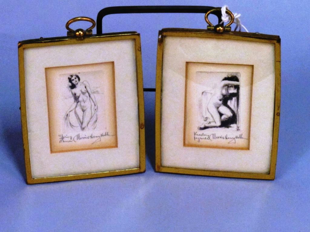 MORRIS HENRY HOBBS (AMERICAN, 1892-1967):: Two miniature nude etchings. Titled "Spring Dance" and "Kneeling Figure". Pencil signed, Morris Henry Hobbs. Each in a brass frame with velvet back. Approximately 3"H X 2"W, framed.