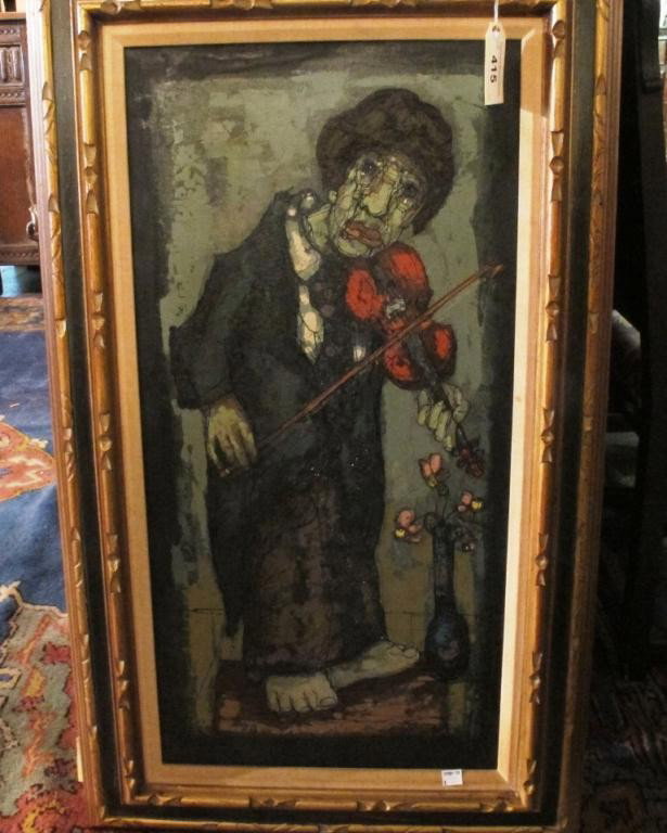 HUGO CASAR (GERMAN, B. 1911):: A 20th century oil on canvas painting depicting a bare foot violin player. Signed "Hugo Casar" lower left. 37"H X 22"W