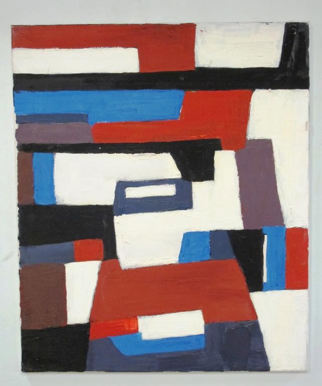 DONALD DESKEY (AMERICAN,1894-1989):: An oil on canvas abstract painting in purple, red, blue, black and white. 30"H X 25"W