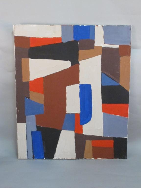 DONALD DESKEY (AMERICAN,1894-1989):: An oil on canvas abstract painting in white, blues, red, black, purple and tan shapes. 30"H X 25"W From the estate of Michael Deskey