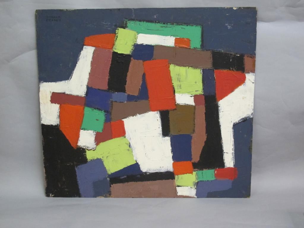 DONALD DESKEY (AMERICAN,1894-1989):: Acrylic on masonite abstract painting in primary colors. Signed upper left "Donald Deskey". 27"H X 30"W From the estate of Michael Deskey