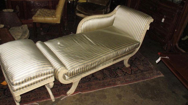 RACAMIER CHAISE LOUNGE & FOOT STOOL: In cream and blue striped upholstery. 31"H X 56"W