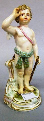 MEISSEN FIGURE OF A PUTTO: A model of a mischievous standing putto with bow and quiver of arrows. Blue crossed swords mark to underside. Note: Loss to wing 6.25"H. Provenance: A fine Cumming, Georgia home.