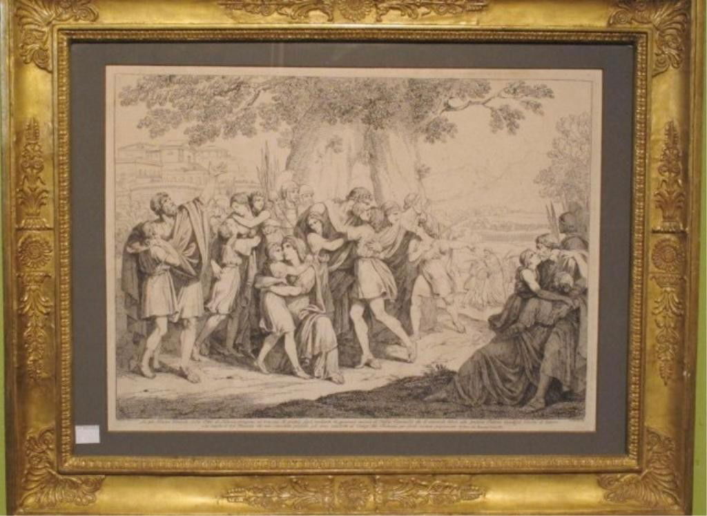 PAIR PINELLI ROMAN HISTORY ENGRAVINGS: Bartolomeo Pinelli (1771-1935). Scenes of Roman historical events, engraved in Rome, 1817. Each housed in Empire gilt frames. 12.5"H X 17"W. Provenance: The Ferst estate