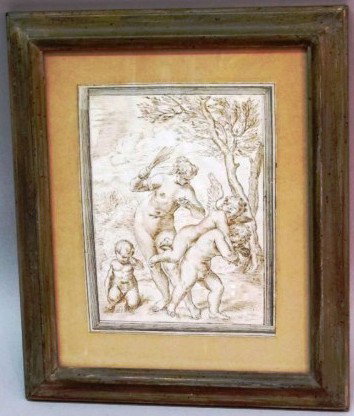 DRAWING, PEN AND INK ON PAPER: After Agostino Carracci, depicting Venus chastising Cupid. 17th/18th century 6 3/4" X 4 1/2" Provenance: The Ferst Estate