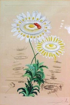 SALVADOR DALI:: A color lithograph depicting surrealist daisies with egg centers, and abstract gesture figures. Pencil signed lower right, and ink signed lower left. Numbered 112/200. Dated 1967. Framed, matted, and 