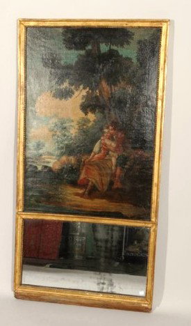 18TH CENTURY FRENCH TRUMEAU MIRROR:: A small rectangular mirror surmounted by an oil on canvas pastoral genre scene measuring 37.75"H X 26.25"W. Overall dimensions: 58.75"H X 29.75"W. All housed in a gilt frame. Darkening of varnish typi