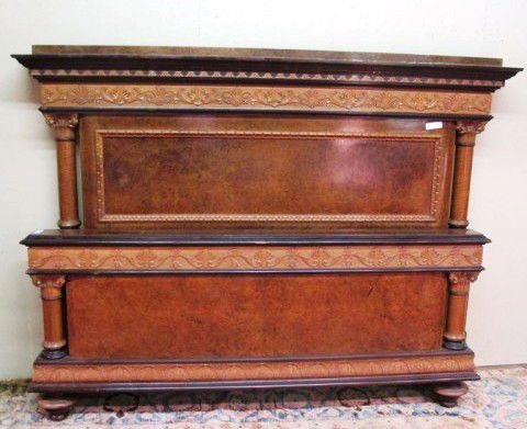 ELABORATELY CARVED FRENCH WALNUT BEDSTEAD: Headboard measures 59"H X 78"W Footboard measures 31.5"H X 74"W Rails are 78.25"L Provenance: A New Haven, CT estate