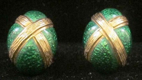 CLASSIC DAVID WEBB GREEN ENAMEL EARRINGS: Egg shaped green enamel earrings with two crossing 18K yellow gold bands. Marked "David Webb" and "18K" on clasp. 26.95g Total weight Provenance: The Ferst estate