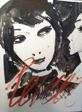 CHARLES LEVIER INK AND COLOR: Mid 20th century. Depicting the faces of women from the front and in profile in black and white on paper, with "Levier" in large red letters across. Housed under glass in a black frame. 25"H X 19"W Pr