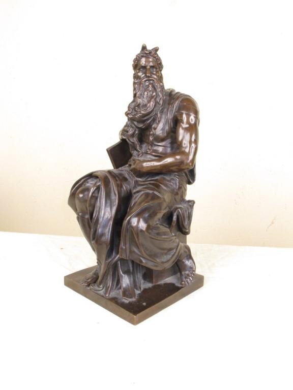 BRONZE SEATED MOSES SCULPTURE:: After the model by Michelangelo. In dark brown patina. Bearing the "F. Barbedienne" foundry mark on bottom of chair and stamped mechanical reduction Collas. 19.5"H Removed from storage Norwalk, CT