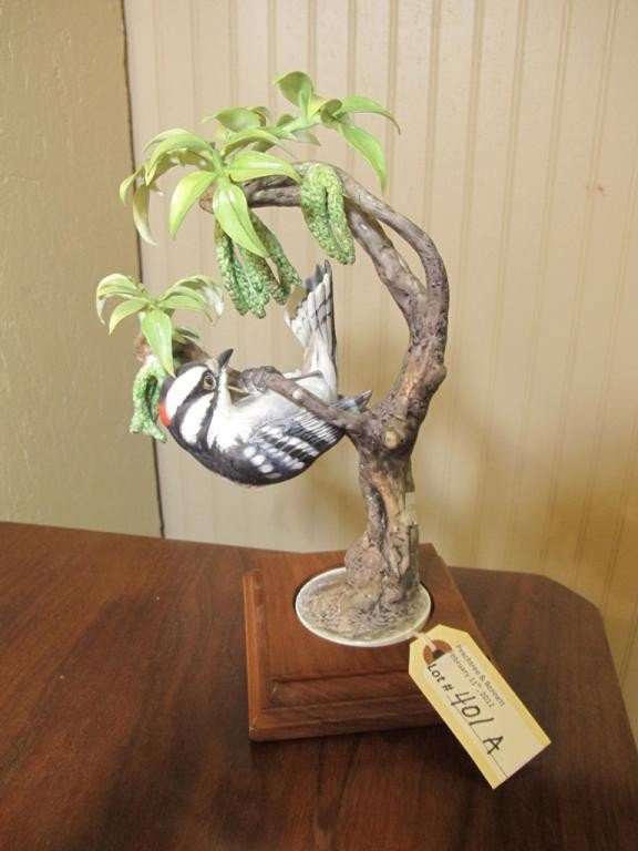 ROYAL WORCESTER, LITTLE DOWNY WOODPECKER: Mounted into fitted base. Marked and signed D. Doughty 11"H Provenance: The Ferst Estate