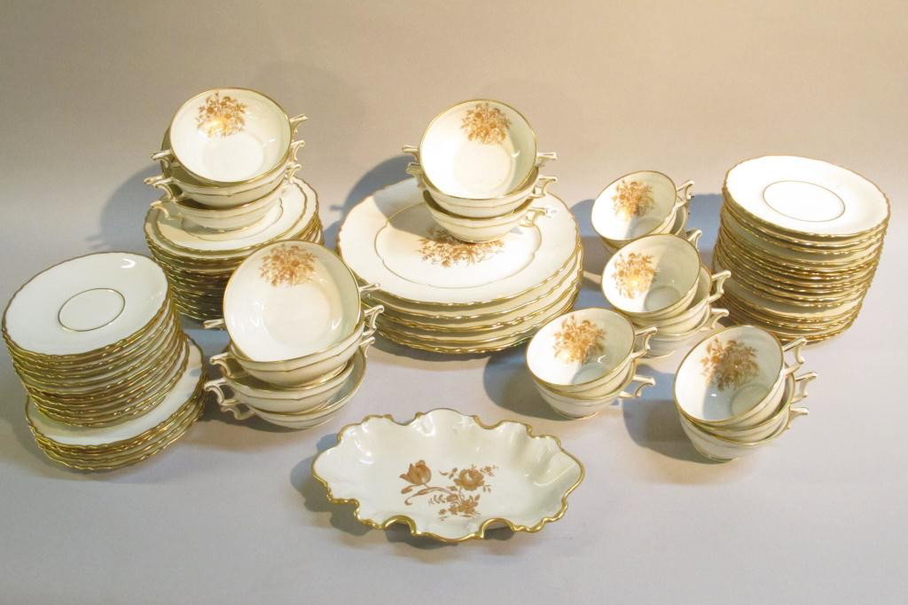 VINTAGE FRENCH LIMOGES PORCELAIN:: 76 pieces. Haviland Limoges Floreal porcelain service. 12 soup bowls. 1 sauce boat. 11 tea cups. 11 saucers. 22 dessert plates. 12 bread plates. 7 dinner plates. Provenance: A New Haven, CT estate