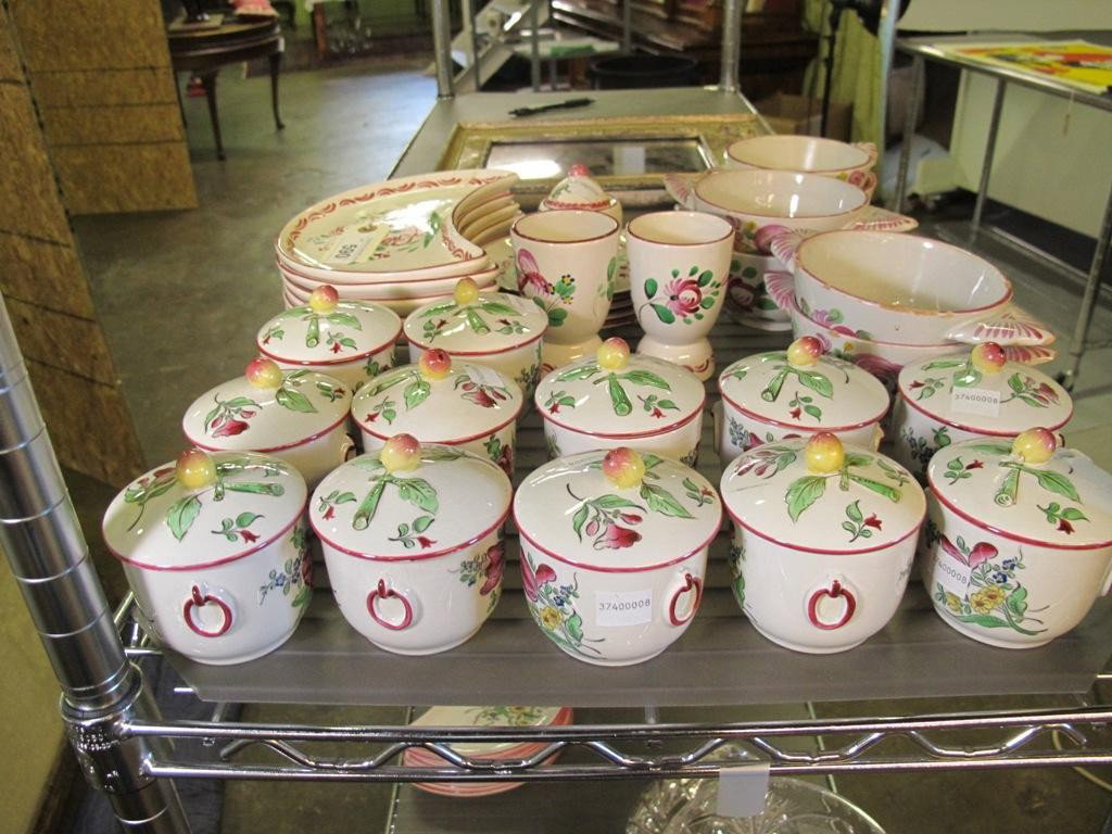 SET OF FRENCH POTS DE CREME LIDDED CUPS:: A set of 12 pots de creme pots with hand painted floral bouquets, topped with fruit finials. Under glazed KG Porcelain maker's mark. France. Provenance: The Ferst estate
