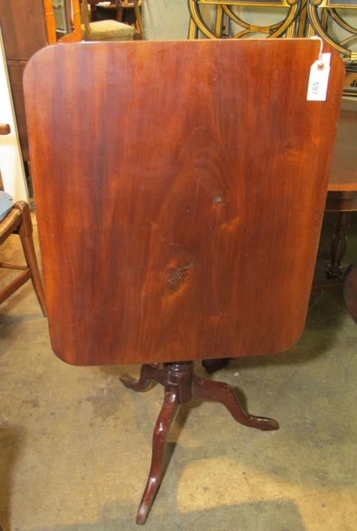 AMERICAN ANTIQUE TILT TOP TABLE: A mahogany rectangular tilt top over a tripod pedestal base. Surface measurements: 28.5" X 23.5"