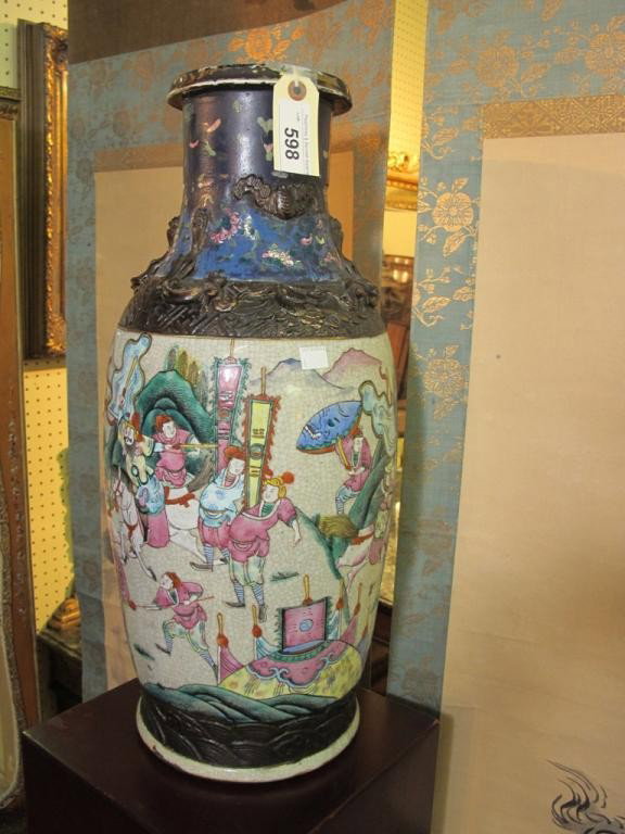 CHINESE PORCELAIN URN:: Crackle glaze body depicting warrior scenes. Under glazed chop mark to underside. Note: Restorations. 22"H Provenance: A Manhattan area estate