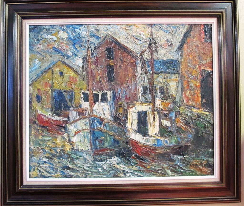FINN ANDERSEN (DANISH, 1909-1987): Oil on canvas painting of harbored boats in high impasto technique. Signed lower right.