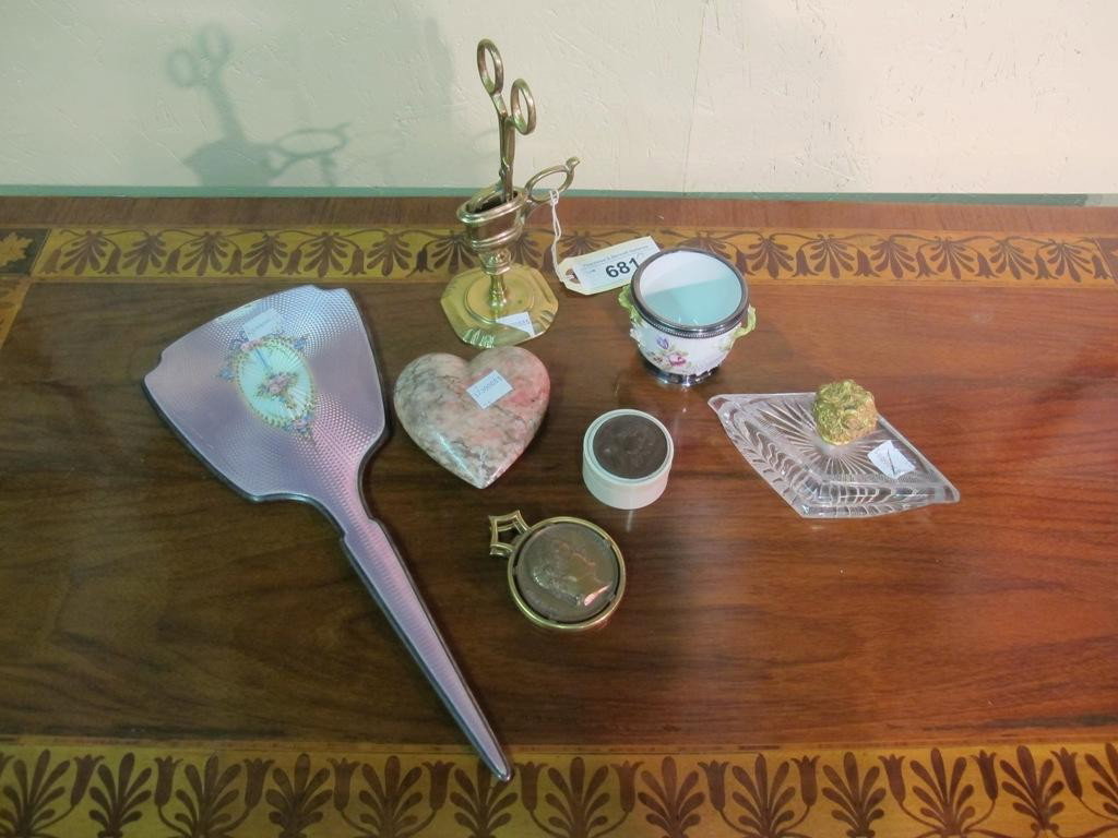 GROUP OF TABLE TOP ARTICLES:: 7 pieces including an enamel and silver mirror, marble heart, paper weight, scissors, small Meissen dish, ivory box, and a medallion paper clip. Provenance: The Ferst estate