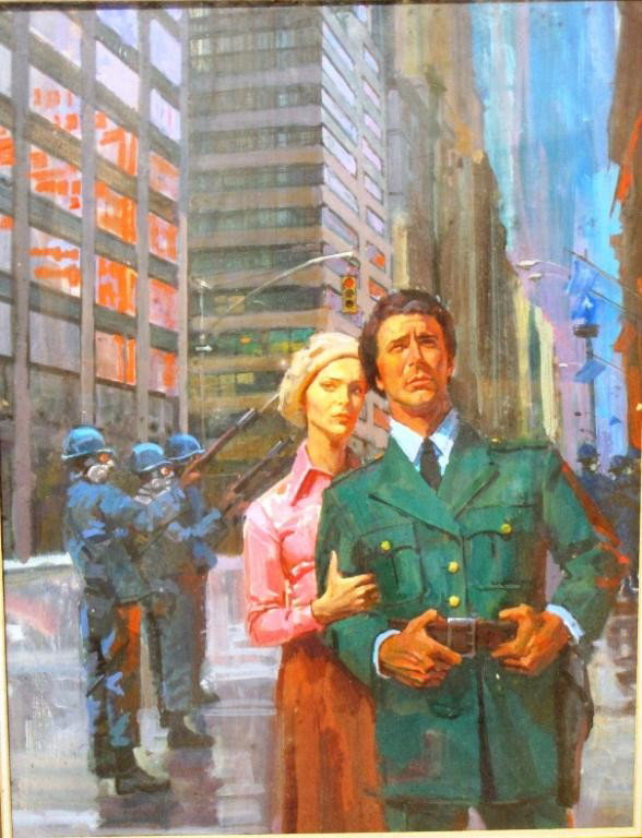 OIL ON PANEL:: Depicting a man in a green uniform and a woman in a pink dress in a cityscape with a riot squad. Titled on verso "The Devil's Advocate". 27" X 22"W