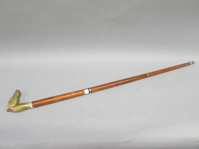 ANTIQUE GILT BRONZE HORSE HEAD HANDLED CANE:: 36"L