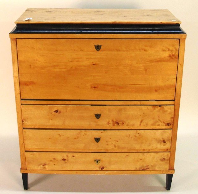 BIEDERMEIER SECRETARY ABBATANT:: A fitted interior above three drawers with shield form escutcheons. All with black lacquer trim 47.5"H X 15"D X 40.5"W