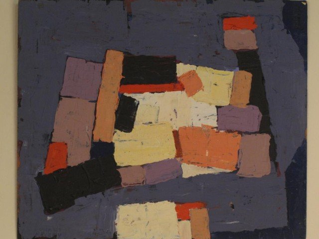 DONALD DESKEY (AMERICAN, 1894-1989):: An abstract oil on board composition. Signed lower left "Donald Deskey". Unframed. 20"H X 24"W