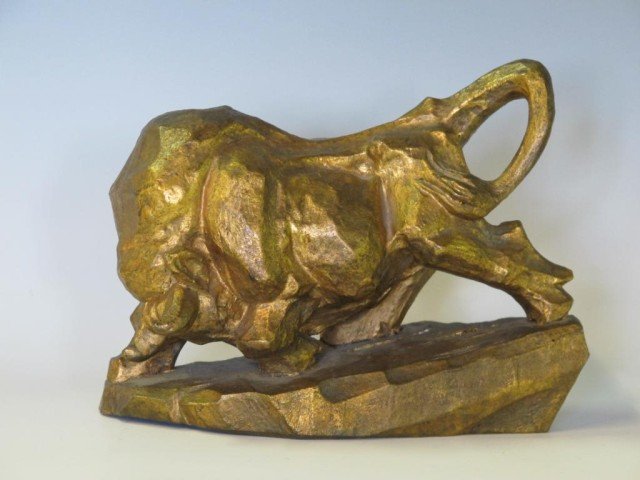 GILT BRONZE CUBIST BULL SCULPTURE:: Signed with initials "eJH" (?). 7"H X 8.5"W