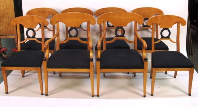 SET EIGHT BIEDERMEIER DINING CHAIRS:: Fruitwood chairs centered by ebonized wreaths. Good condition.
