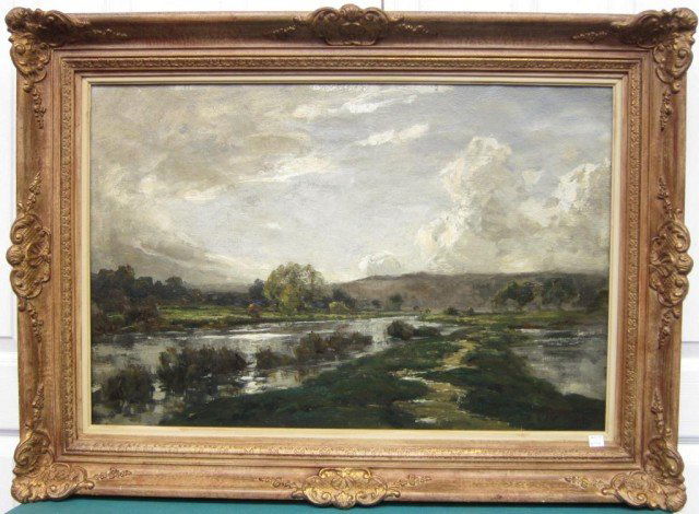 WEISS, JOSE (1859-1919, BRITISH): Oil on canvas. Depicting a Barbizon countryside extensive landscape with looming dark clouds. Signed lower right Jose Weiss. Note: Restorations. 20"H X 30"W