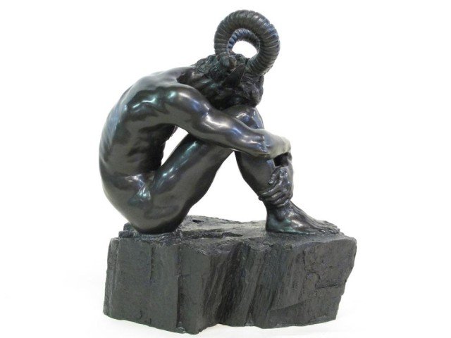 JASPER D'AMBROSI (AMERICAN, 1926-1985):: 20th century. A patinated bronze figure of Aries, in the form of a man with large ram horns. Signed and dated in bronze "J. D'Ambrosi 1978- 10/40". 12"H X 9.5"W