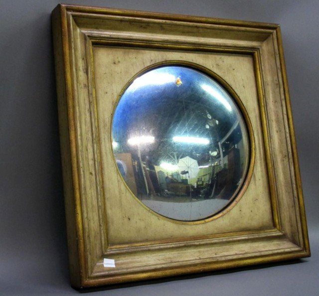 ANTIQUE FRAMED CONVEX MIRROR: A paint decorated square framed convex mirror.