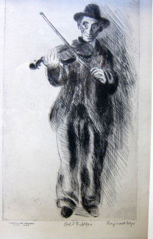 RAPHAEL SOYER (RUSSIAN/AMERICAN, 1889-1987): A man playing violin. A black and white etching on wove paper. Titled: "Old Fiddler" in pencil lower middle. SLR in pencil Raphael Soyer. Originally executed for a WPA NYC federal art project. Custom