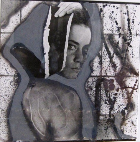 ELLEN CARY SELF PORTRAIT 1984:: A collage featuring a young woman in tones of grey and black. labeled Daniel Dewberry gallery. Ellen Cary "self portrait" 1984 27 X 31 1/4