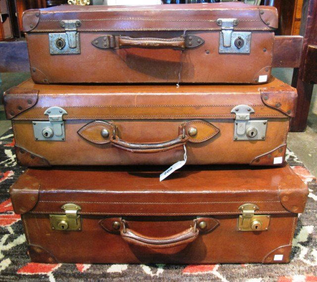 3 ANTIQUE LEATHER TRUNKS: 3 ANTIQUE LEATHER TRUNKS:
