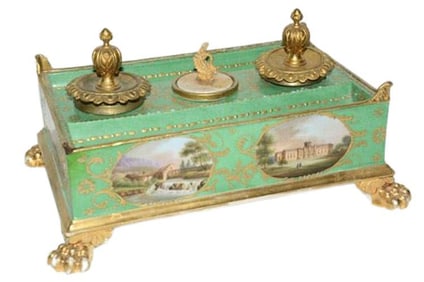 BHA523 Chamberlain's Worcester Porcelain Encrier Ink Well with landscape portraits