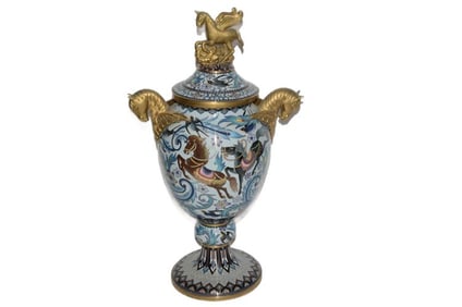 BHA566  Chinese Cloisonne Gilt Bronze Equine Mounted Lidded Vase