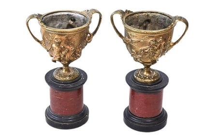 BHA625 Pair of Antique Bronze Relief Decorated Diminutive Trophy Form Urns