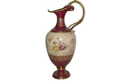 BHA587 Artist Signed Fine Large Hand Painted Royal Vienna Panoramic Portrait Porcelain Ewer, Cherubs