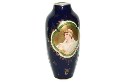BHA513 Antique Royal Vienna Cobalt Blue Portrait Vase Signed Wagner