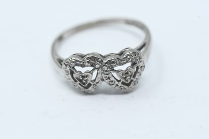 GXG248 Double Heart Ring, Small Round Cut Diamonds in a 10K White Gold Setting.