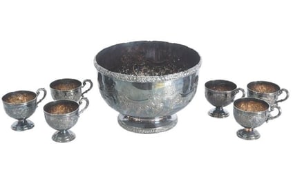 BHA663 Barker Ellis Antique Silverplate Repoussee Punch Bowl & Cups England, c. 1910