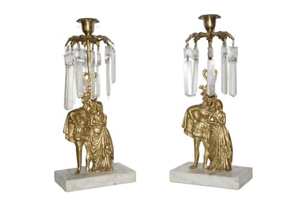 BHA552 Pair of Antique American Classical Gilt Brass Girandoles with Prisms on Marble