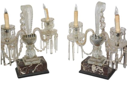 BHA554 Pair of Early 20th Century Crystal Candelabra with prism slags and plume form finials