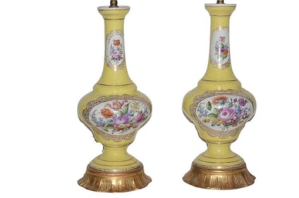 BHA562 Antique Pair of Shaped Hand-Painted Reserved Floral Vases Mounted as Lamps