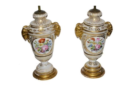 BHA564 Pair Antique French Porcelain Hand Painted and Gilt Porcelain Vases as Lamps