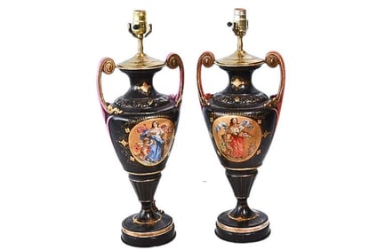 BHA568 Two (2)  English Victorian Porcelain Urns Adapted as Lamps