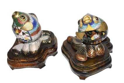BHA588 Pair of Vintage Cloisonne Enameled Bronze Tropical Fish Sculpture