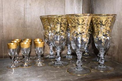 BHA589 Group of Vintage Gold Encrusted Crystal Stemware