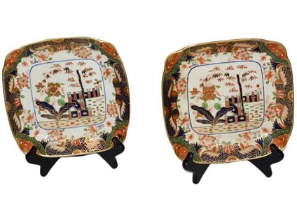 BHA602 Pair Early 19th Century Coalport Porcelain Square dishes in Imari Palate